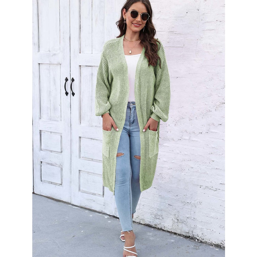 Open Front Longline Cardigan with Pockets Light Green / One Size