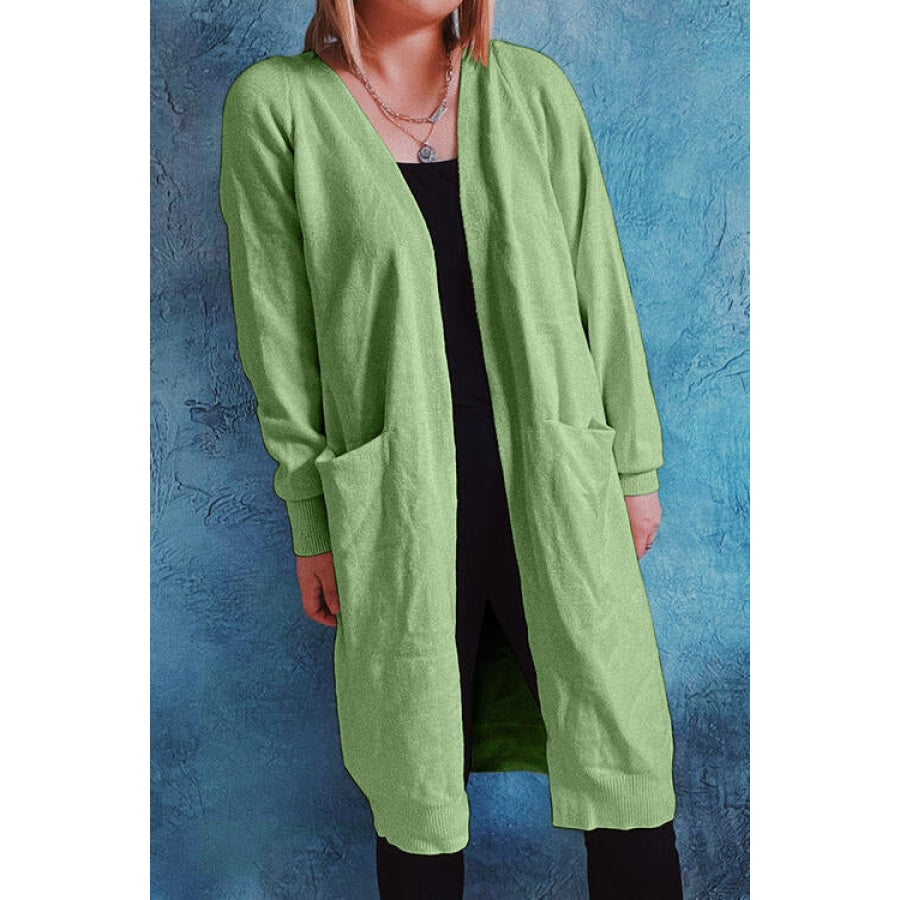 Open Front Longline Cardigan with Pockets Light Green / S