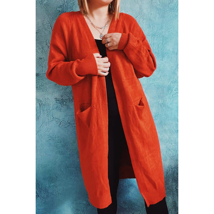 Open Front Longline Cardigan with Pockets Red / S