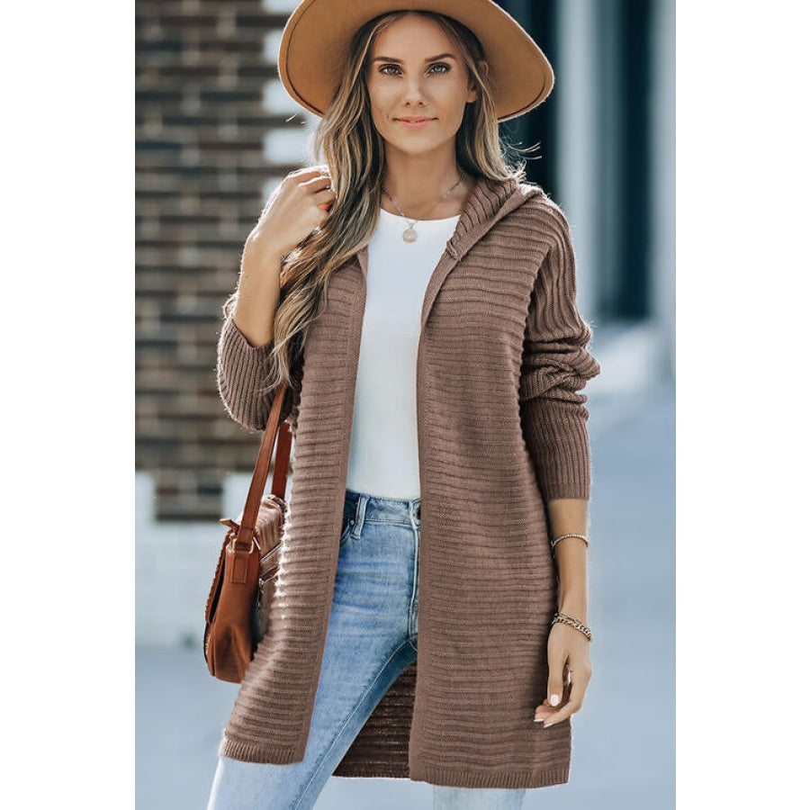 Open Front Longline Hooded Cardigan Caramel / M