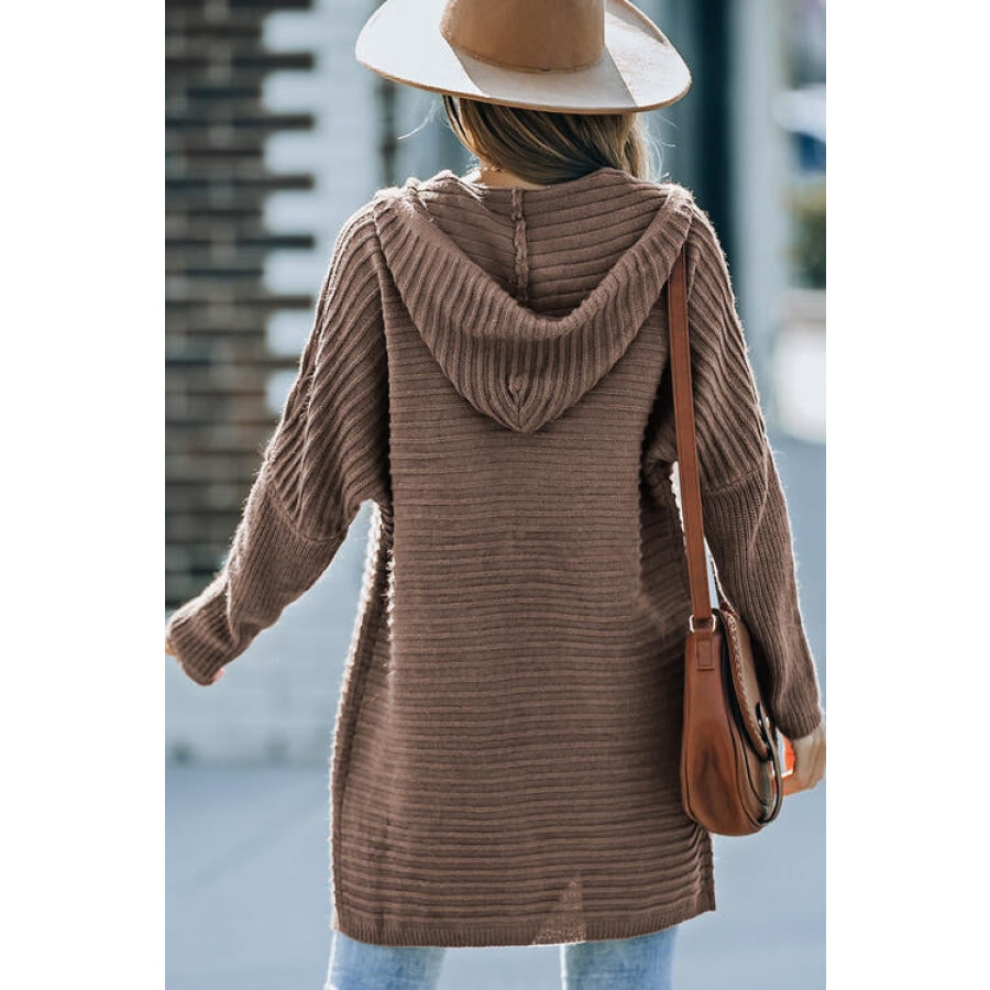 Open Front Longline Hooded Cardigan Caramel / M