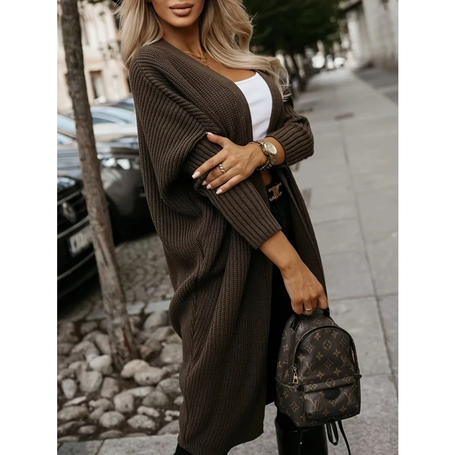 Open Front Longline Knit Cardigan Brown / S Apparel and Accessories