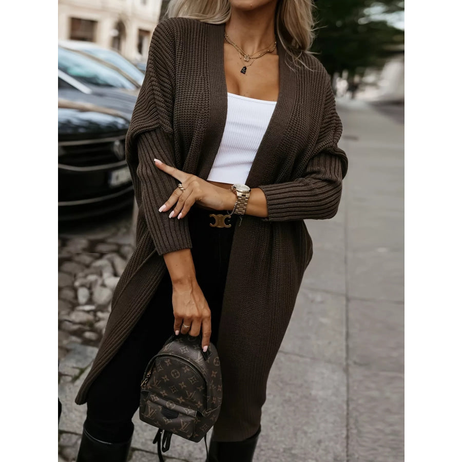 Open Front Longline Knit Cardigan Brown / S Apparel and Accessories