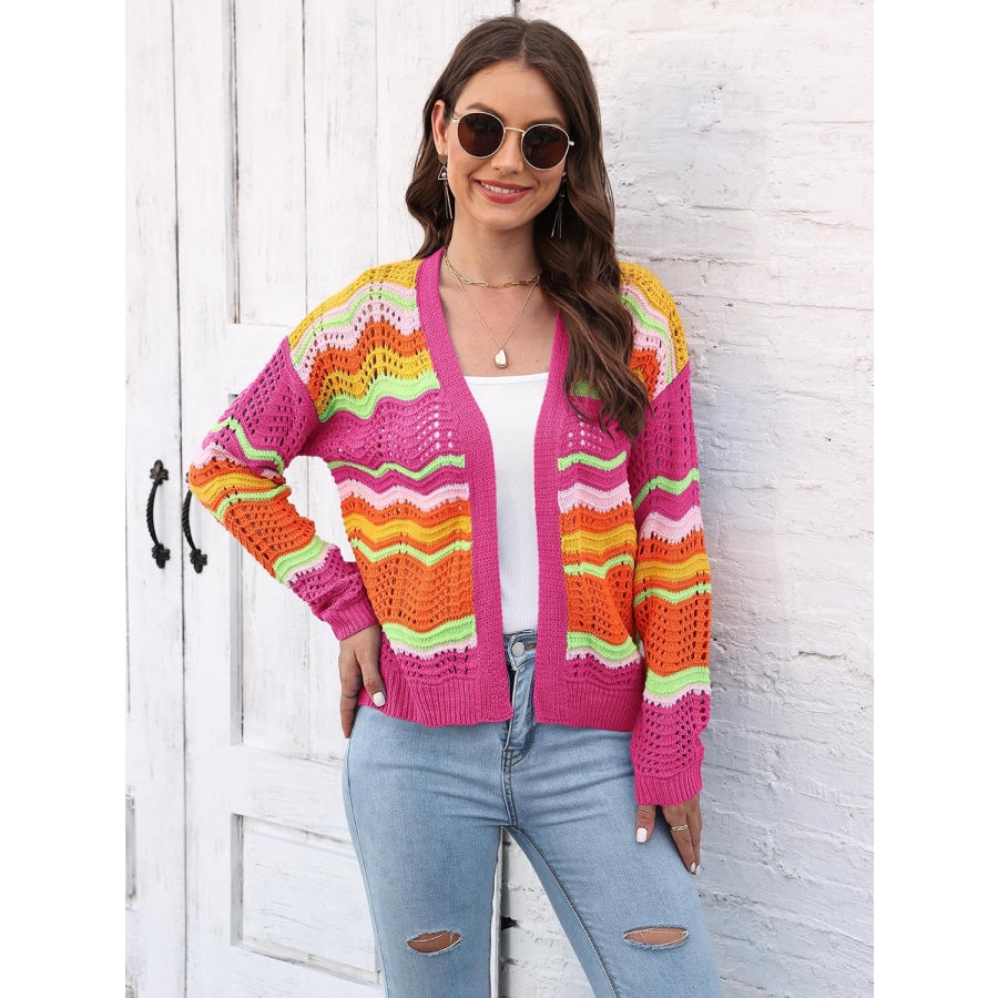 Open Front Openwork Cardigan Fuchsia Pink / S