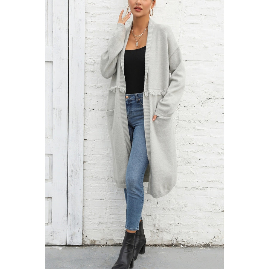 Open Front Pocketed Cardigan Light Gray / S