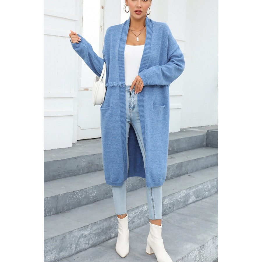 Open Front Pocketed Cardigan Misty Blue / S