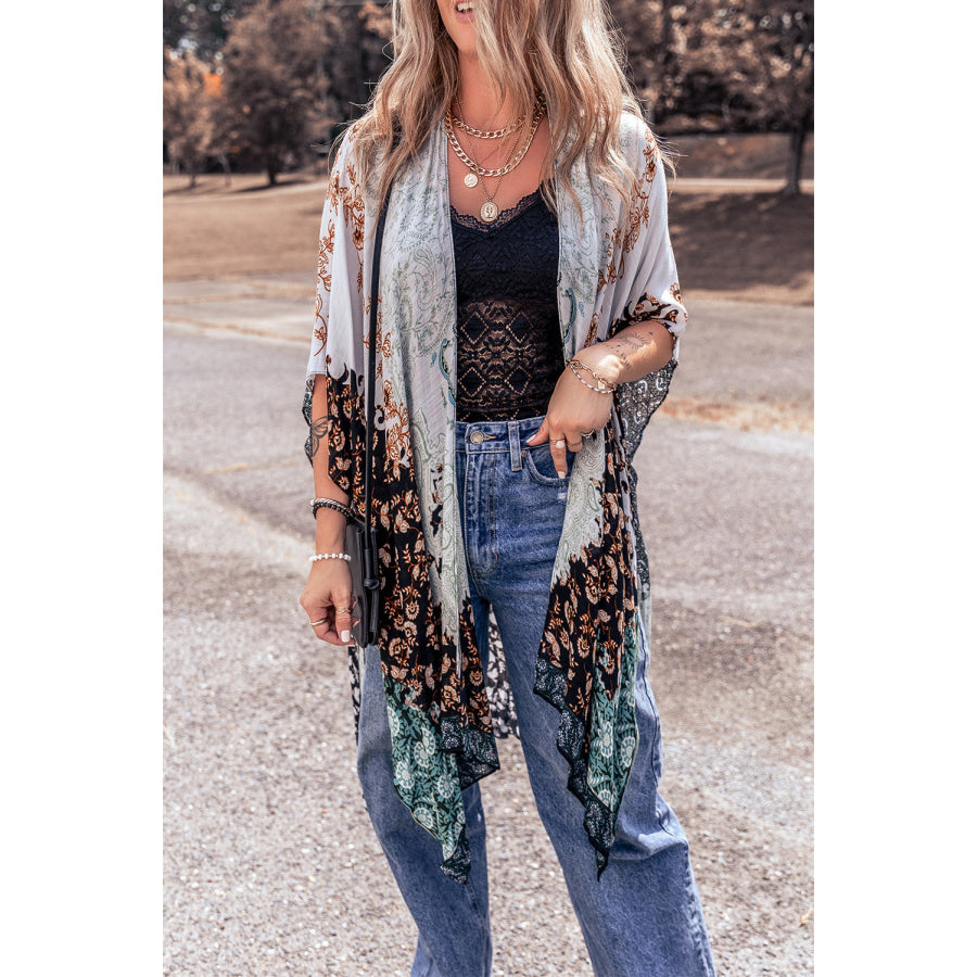 Open Front Printed Half Sleeve Cover Up Multicolor / One Size Apparel and Accessories