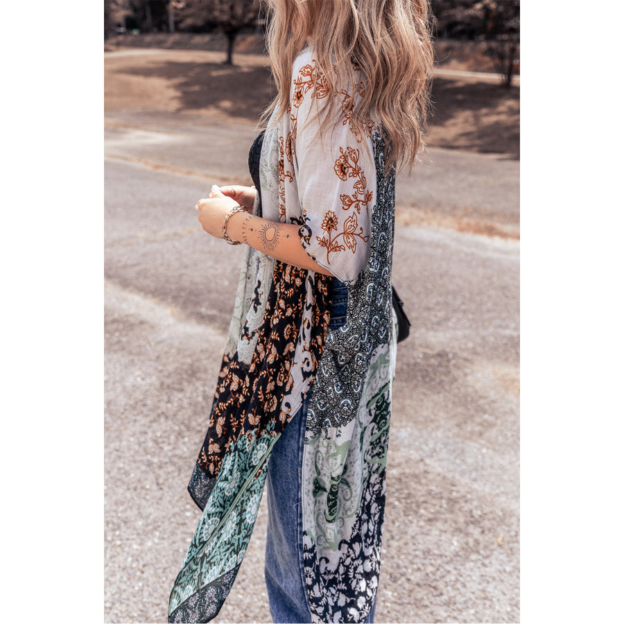 Open Front Printed Half Sleeve Cover Up Multicolor / One Size Apparel and Accessories