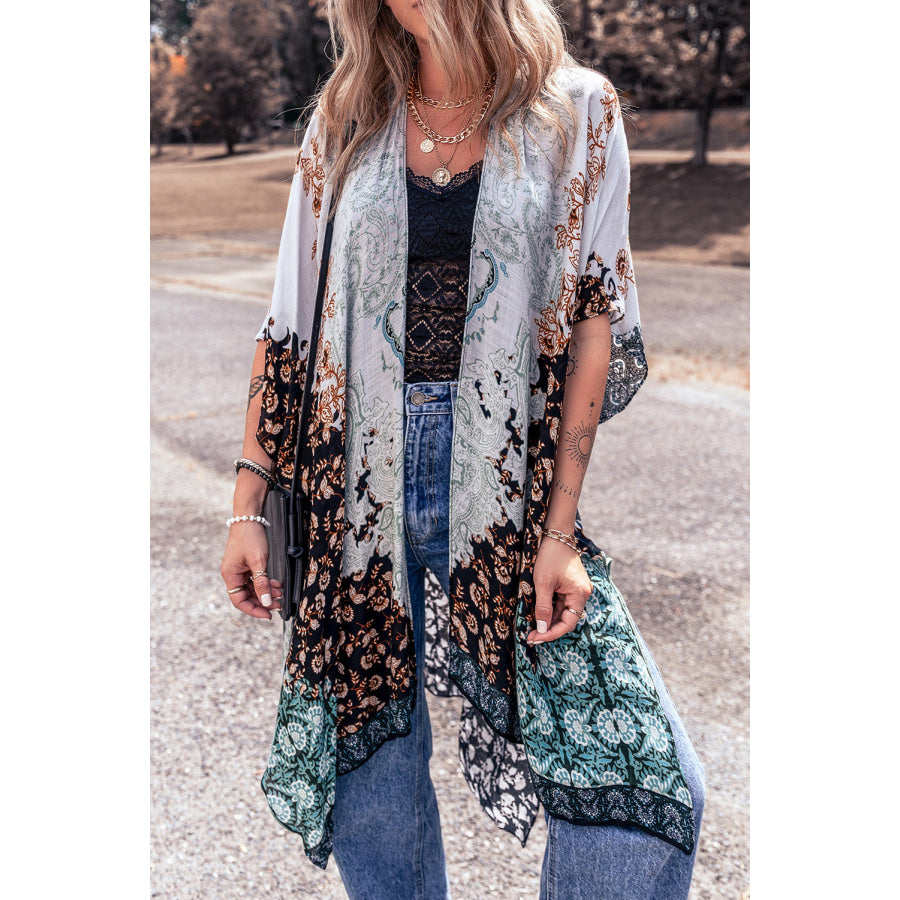 Open Front Printed Half Sleeve Cover Up Multicolor / One Size Apparel and Accessories
