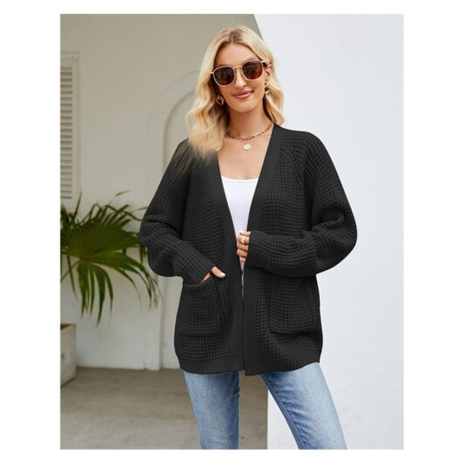 Open Front Raglan Sleeve Pocketed Cardigan Black / S Clothing