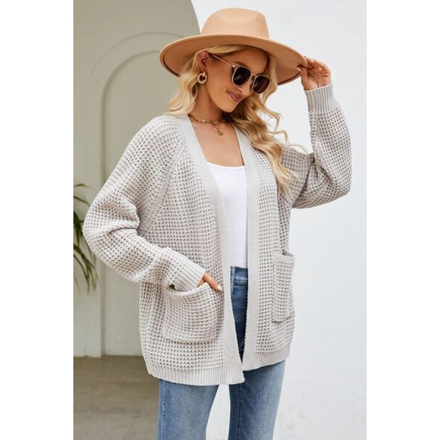 Open Front Raglan Sleeve Pocketed Cardigan Clothing