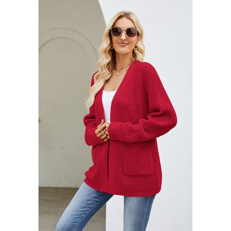 Open Front Raglan Sleeve Pocketed Cardigan Clothing