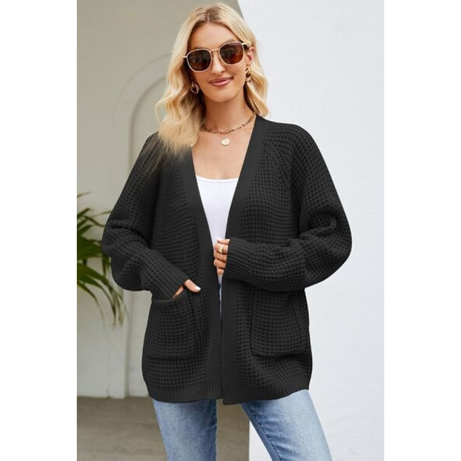 Open Front Raglan Sleeve Pocketed Cardigan Clothing