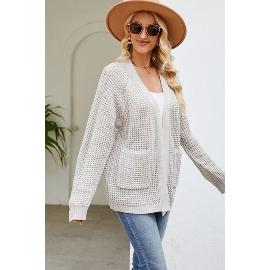 Open Front Raglan Sleeve Pocketed Cardigan Clothing