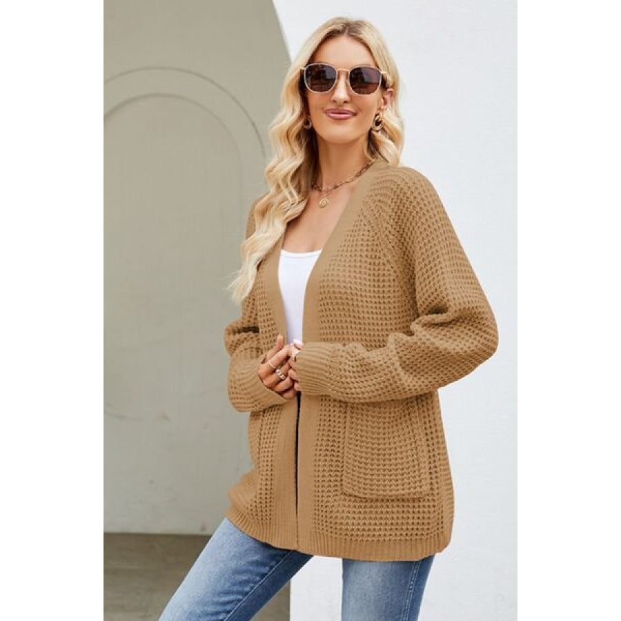 Open Front Raglan Sleeve Pocketed Cardigan Clothing