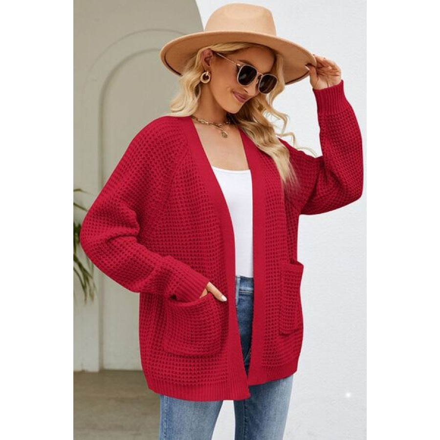 Open Front Raglan Sleeve Pocketed Cardigan Deep Red / S Clothing