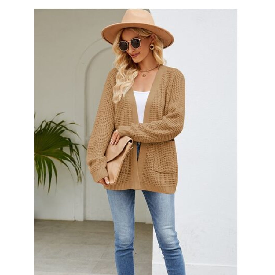 Open Front Raglan Sleeve Pocketed Cardigan Tan / S Clothing