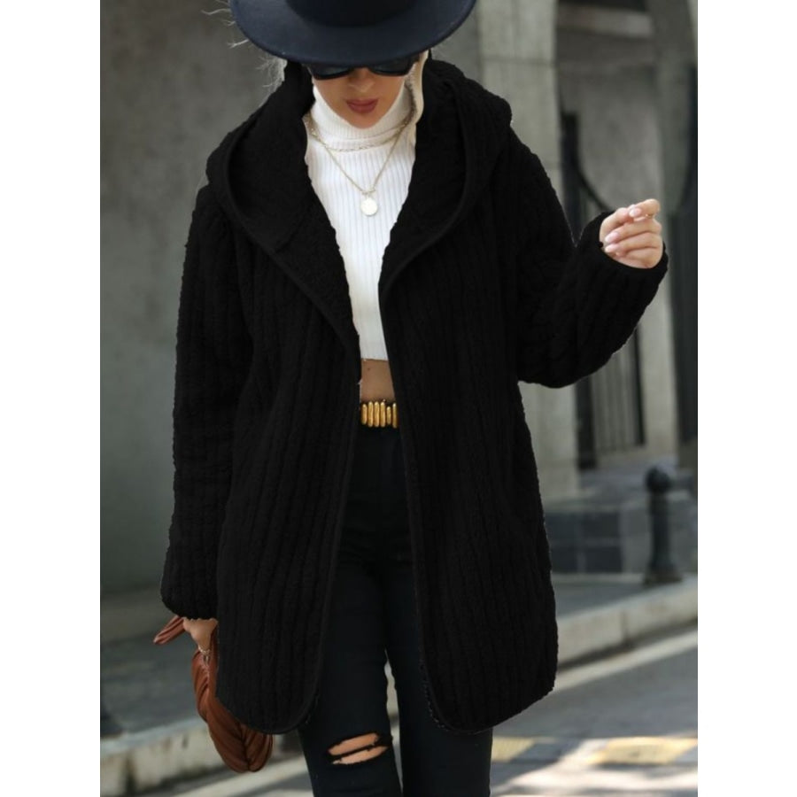 Open Front Ribbed Hooded Coat Black / S