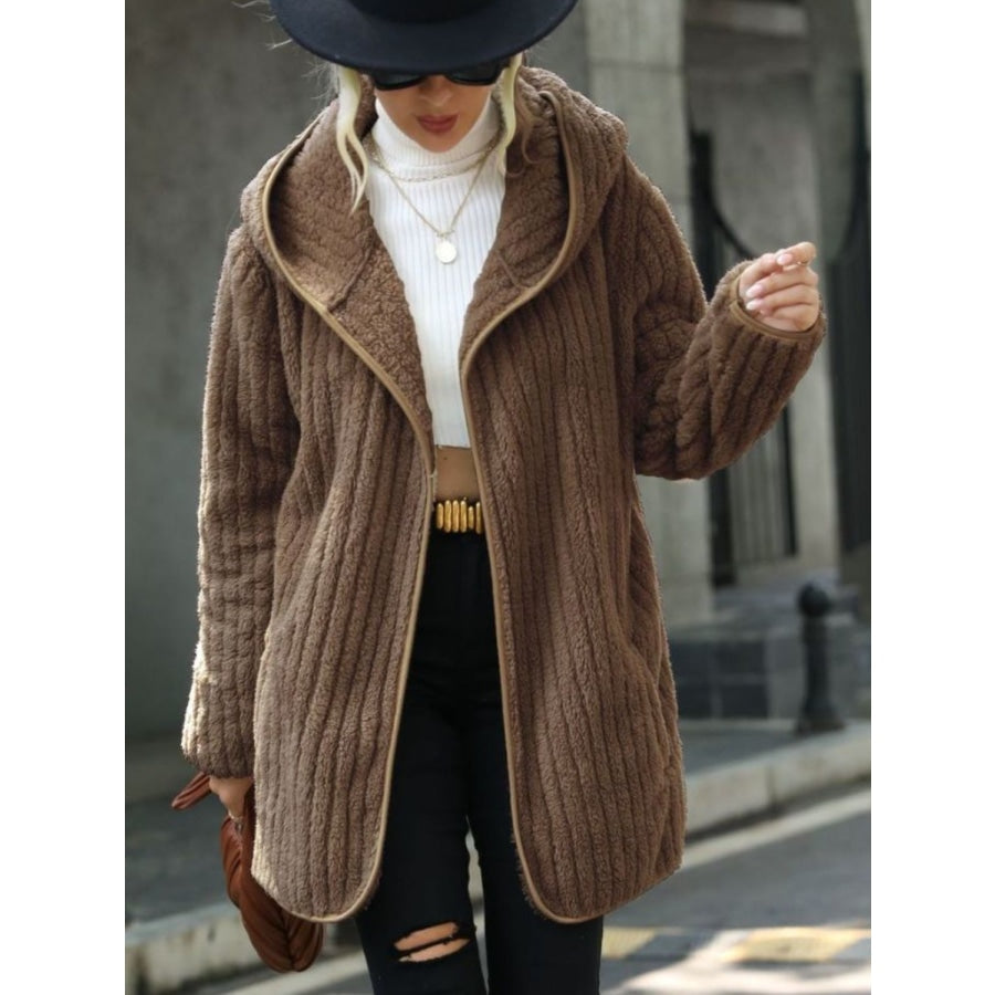 Open Front Ribbed Hooded Coat Taupe / S