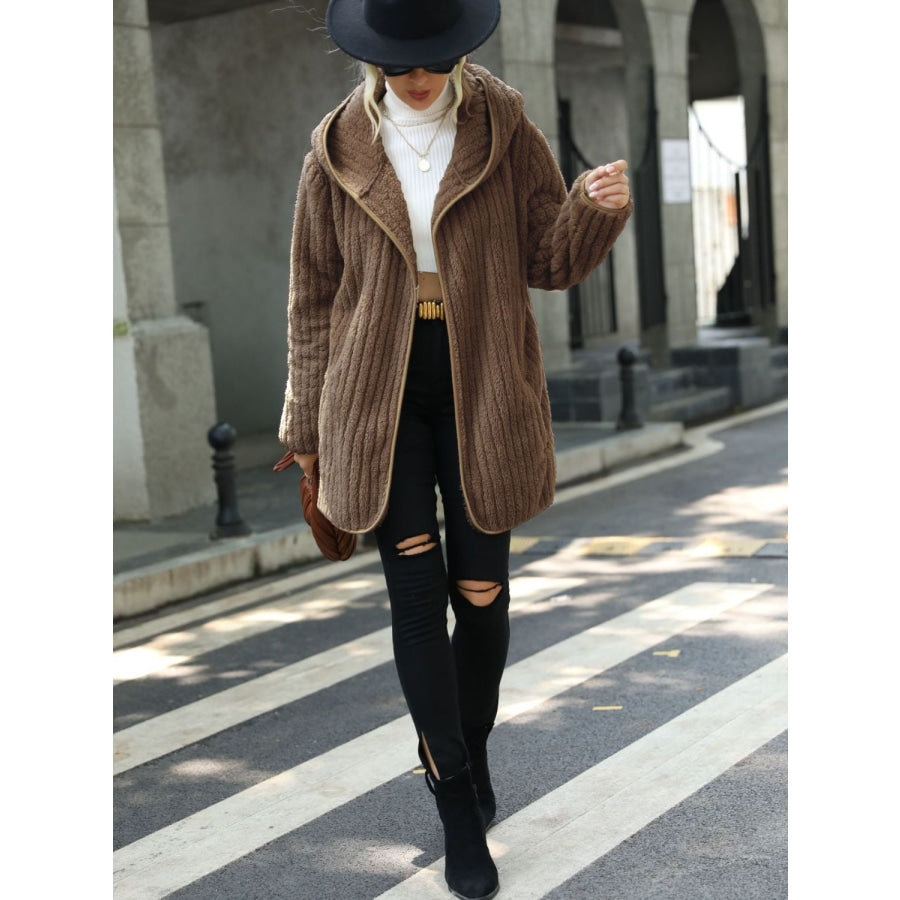 Open Front Ribbed Hooded Coat