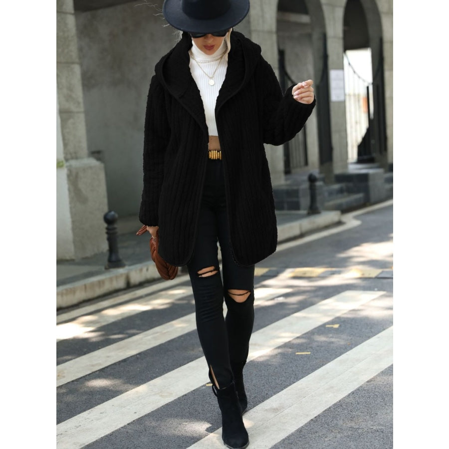 Open Front Ribbed Hooded Coat