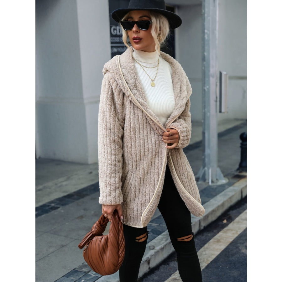 Open Front Ribbed Hooded Coat