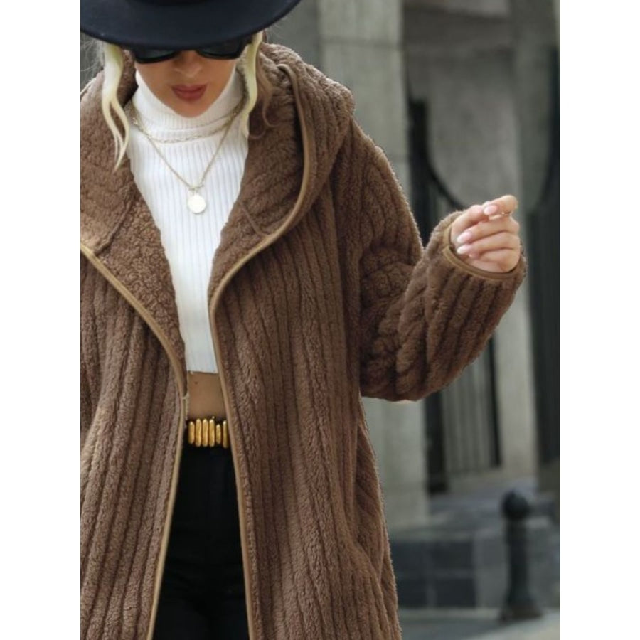 Open Front Ribbed Hooded Coat