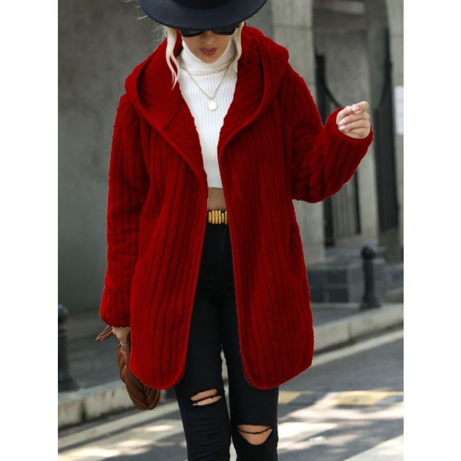 Open Front Ribbed Hooded Coat Wine / S