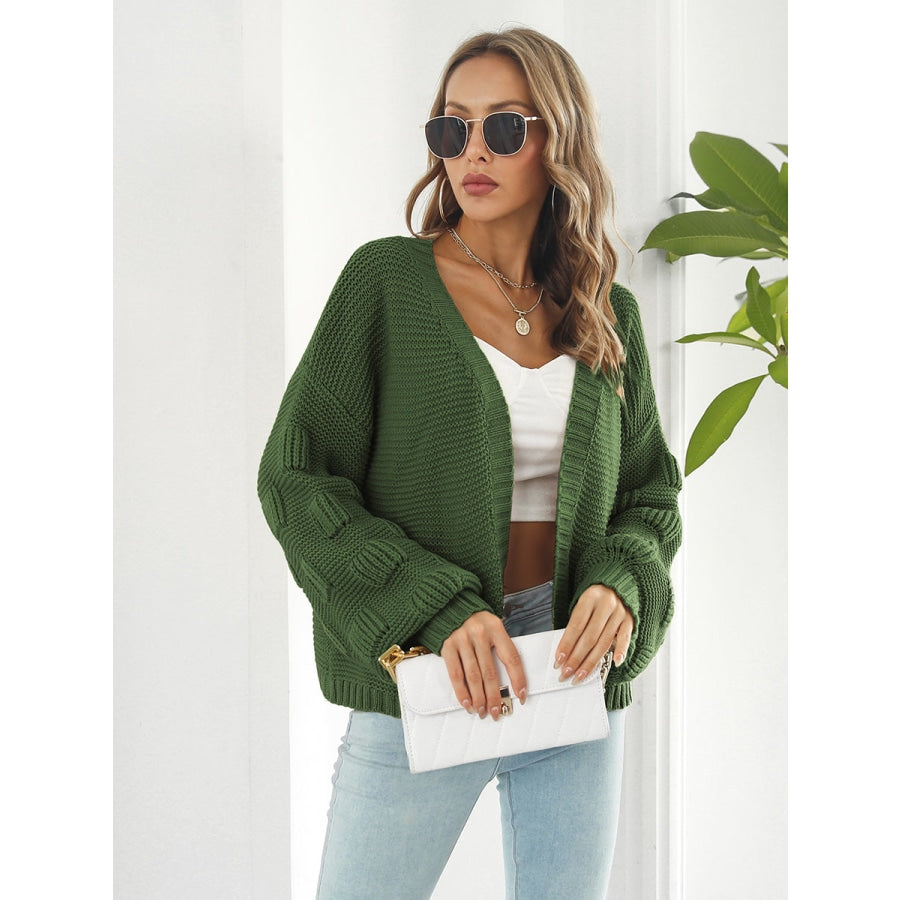 Open Front Ribbed Trim Cardigan Army Green / S