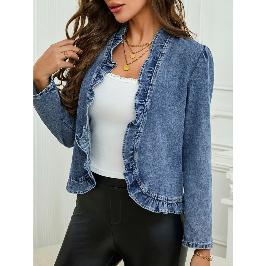 Open Front Ruffled Denim Jacket Apparel and Accessories