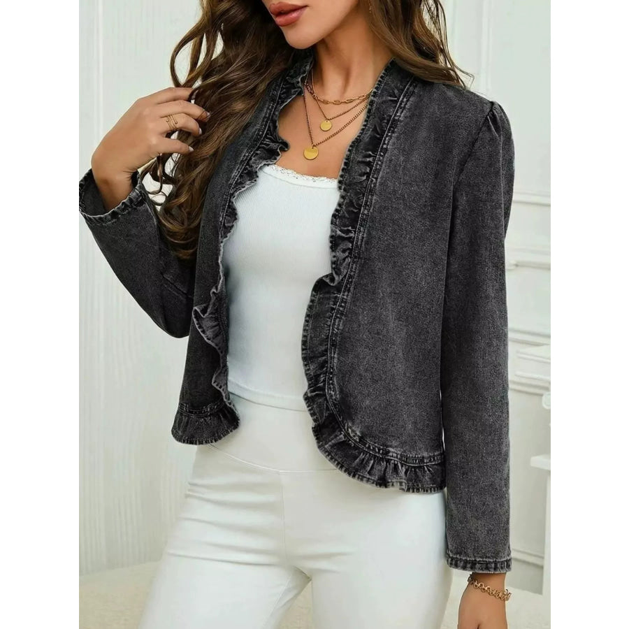 Open Front Ruffled Denim Jacket Apparel and Accessories