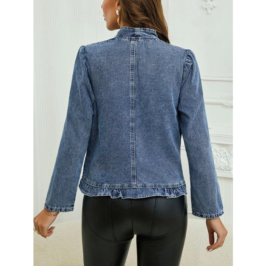 Open Front Ruffled Denim Jacket Apparel and Accessories