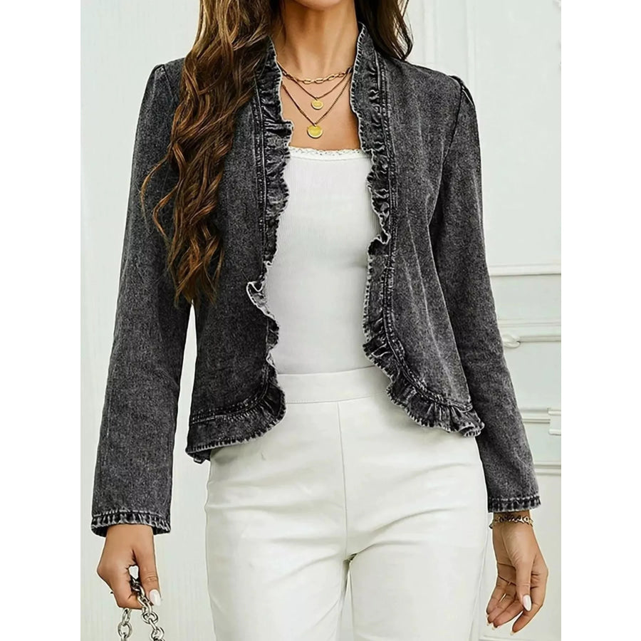 Open Front Ruffled Denim Jacket Dark / S Apparel and Accessories