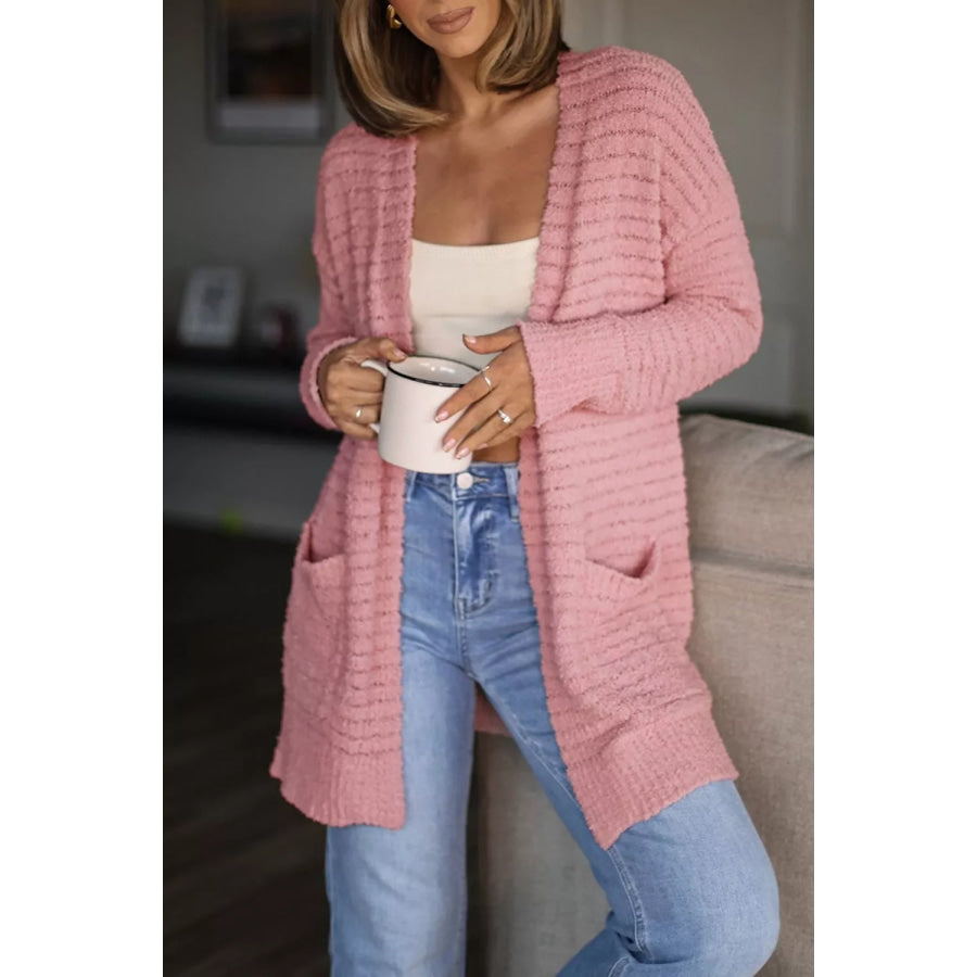 Open Front Soft Fuzzy Ribbed Sweater Cardigan Dusty Pink / S Apparel and Accessories