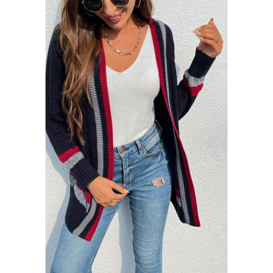 Open Front Striped Long Sleeve Cardigan Clothing