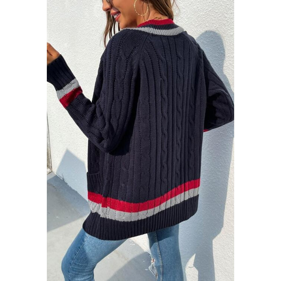 Open Front Striped Long Sleeve Cardigan Dark Navy / S Clothing