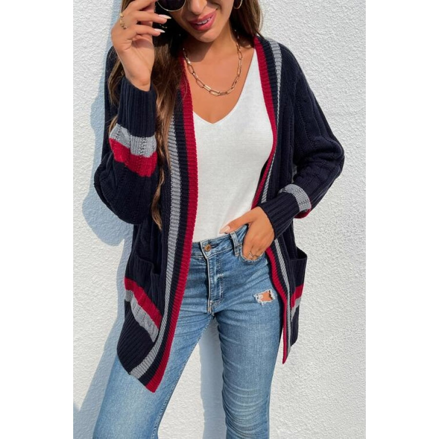 Open Front Striped Long Sleeve Cardigan Clothing