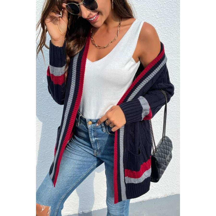 Open Front Striped Long Sleeve Cardigan Clothing