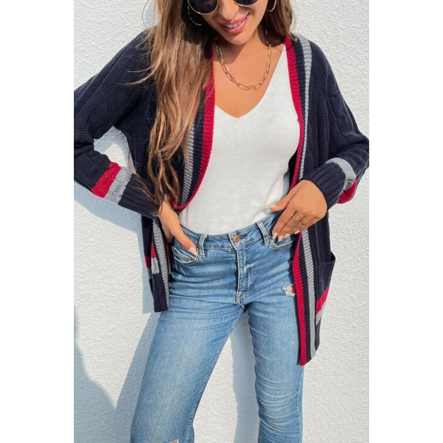 Open Front Striped Long Sleeve Cardigan Clothing