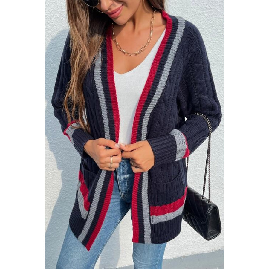 Open Front Striped Long Sleeve Cardigan Dark Navy / S Clothing