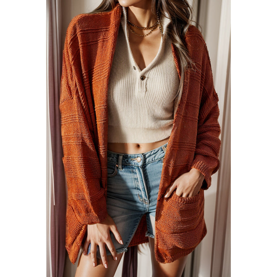 Open Front Textured Cardigan with Pockets Caramel / S Apparel and Accessories