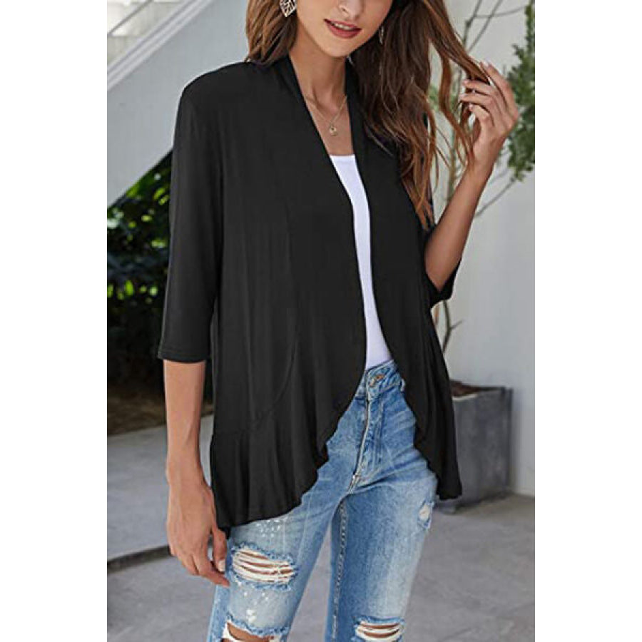 Open Front Three - Quarter Sleeve Cardigan Black / S Apparel and Accessories