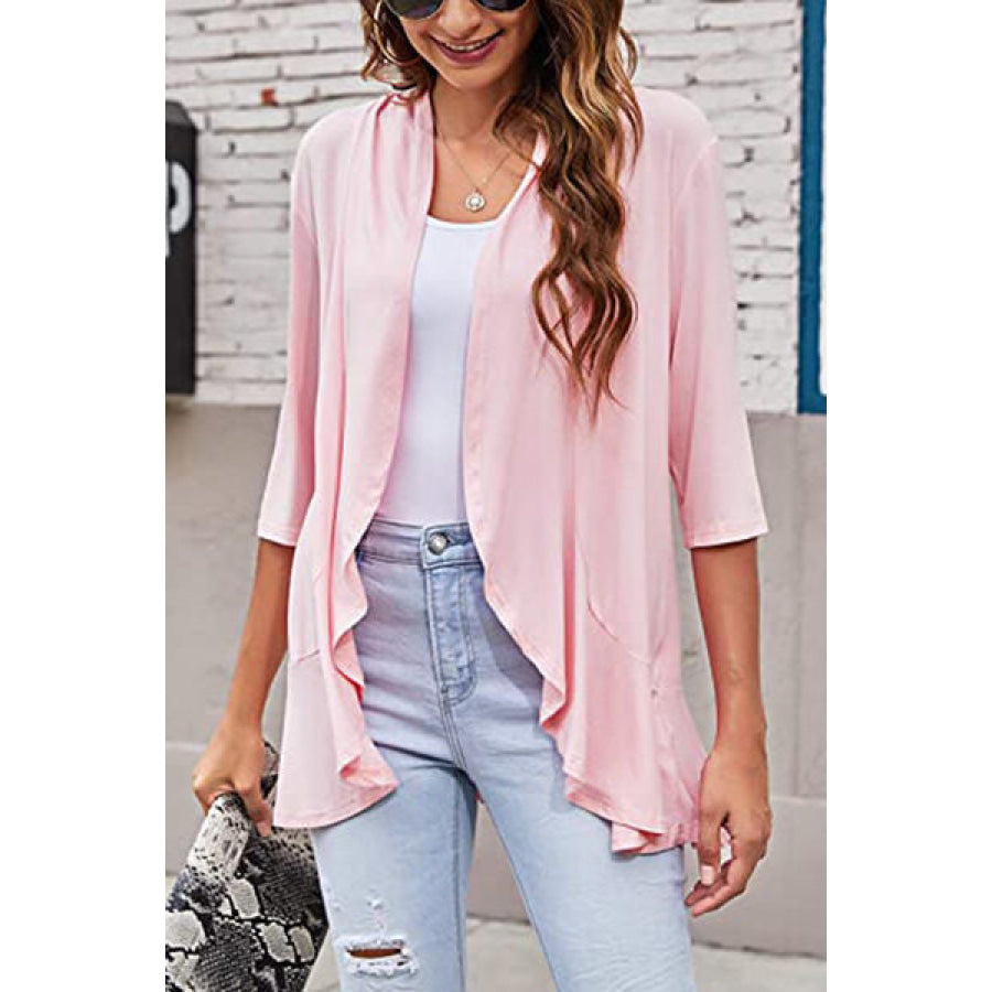 Open Front Three - Quarter Sleeve Cardigan Blush Pink / S Apparel and Accessories