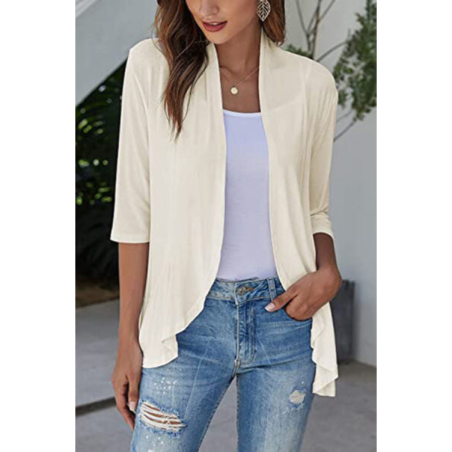 Open Front Three - Quarter Sleeve Cardigan Cream / S Apparel and Accessories