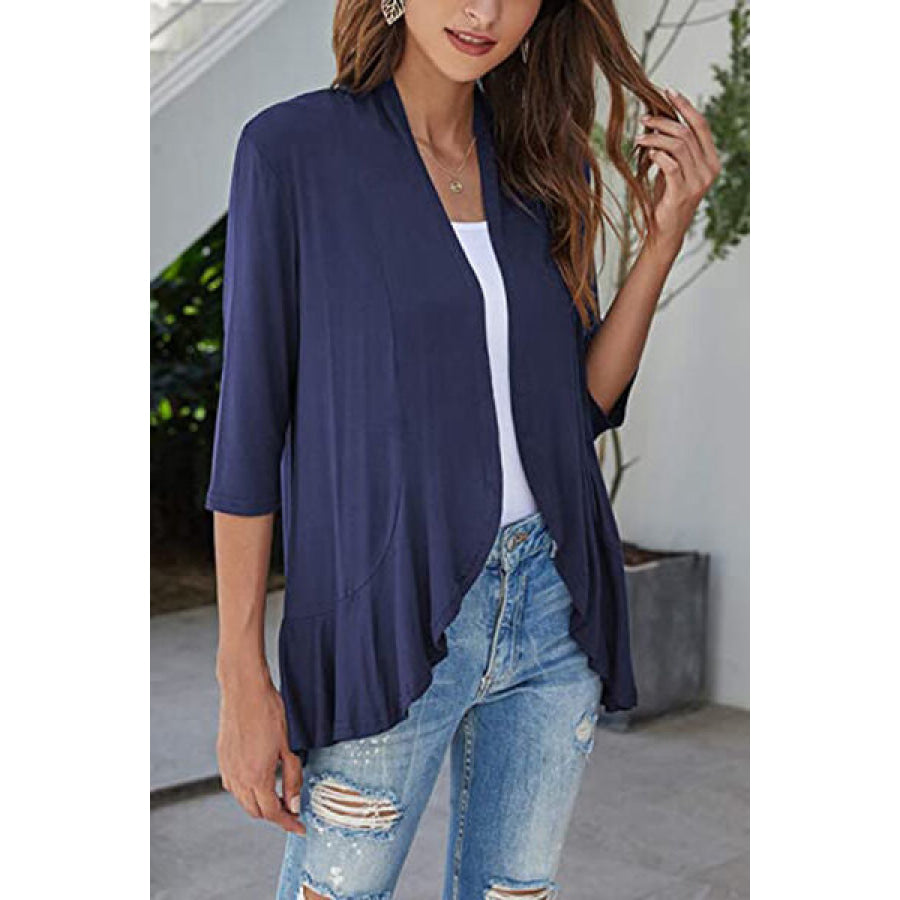 Open Front Three - Quarter Sleeve Cardigan Dusty Blue / S Apparel and Accessories