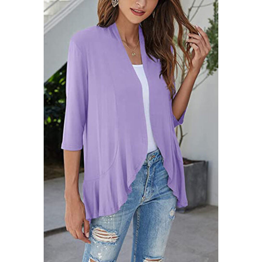 Open Front Three - Quarter Sleeve Cardigan Lavender / S Apparel and Accessories