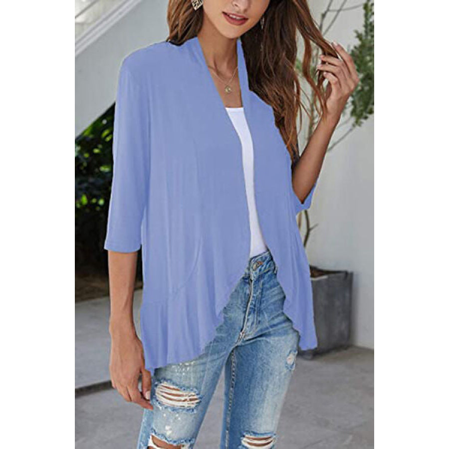 Open Front Three - Quarter Sleeve Cardigan Pastel Blue / S Apparel and Accessories