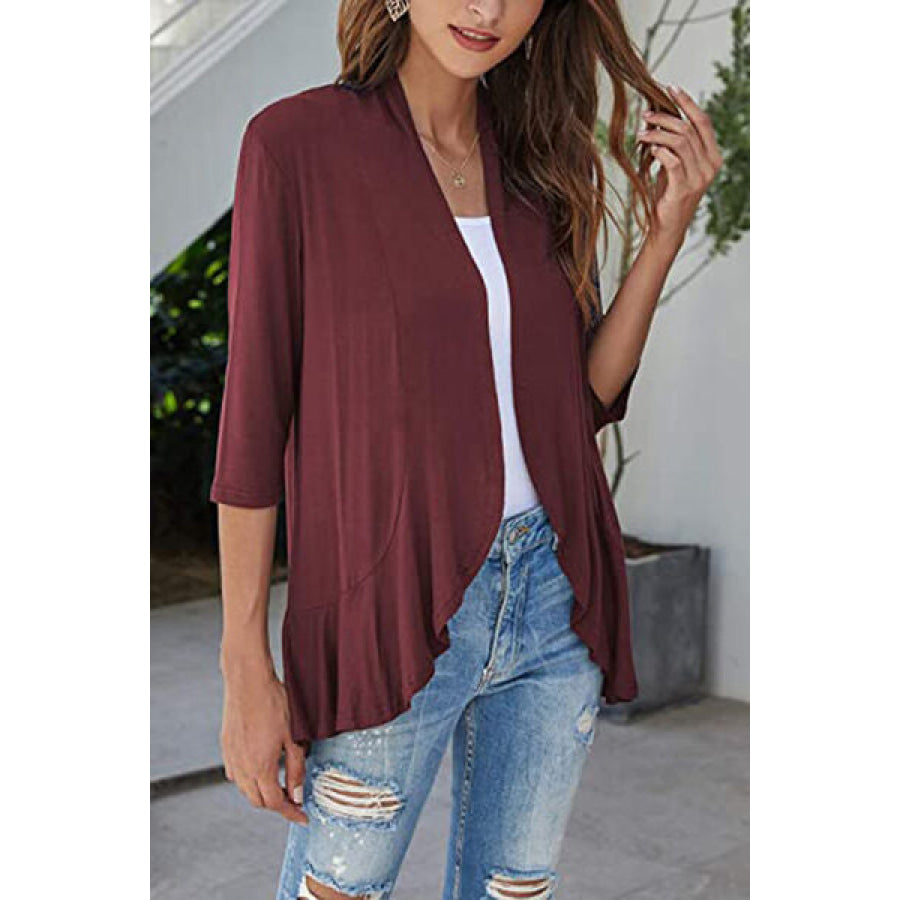 Open Front Three - Quarter Sleeve Cardigan Wine / S Apparel and Accessories