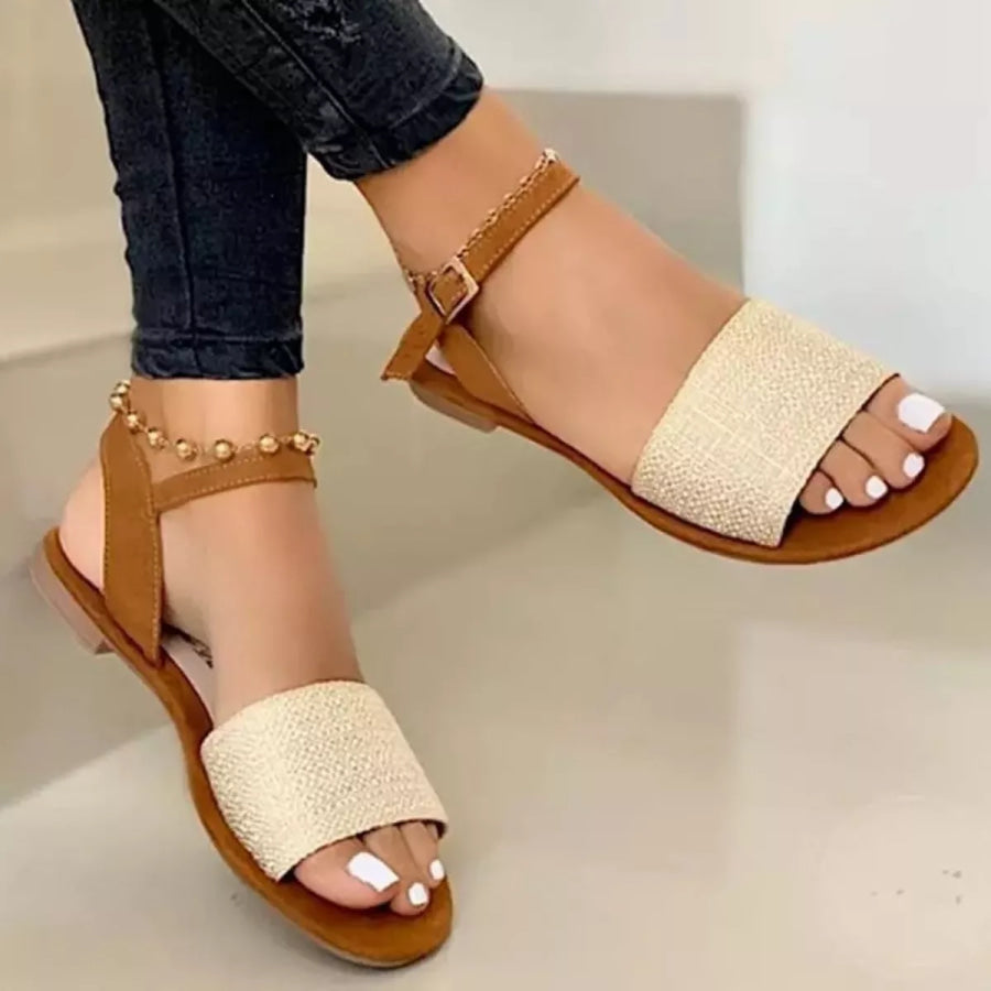 Open Toe Ankle-Strap Flat Sandals Beige / 35 Apparel and Accessories