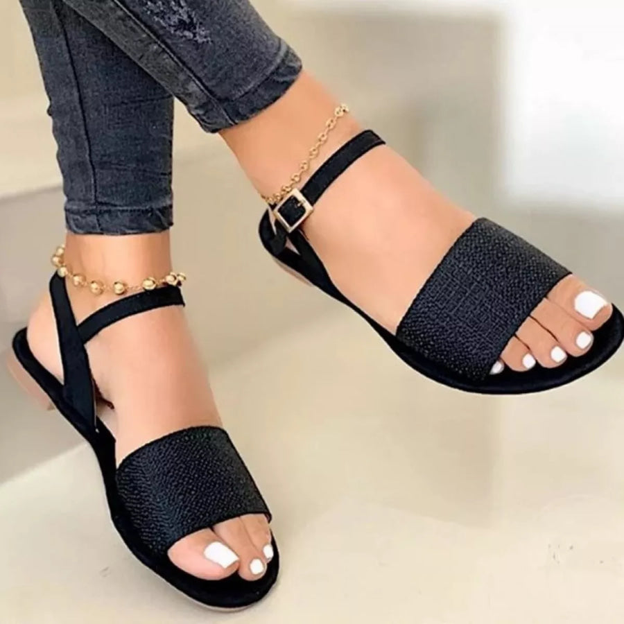 Open Toe Ankle-Strap Flat Sandals Black / 35 Apparel and Accessories